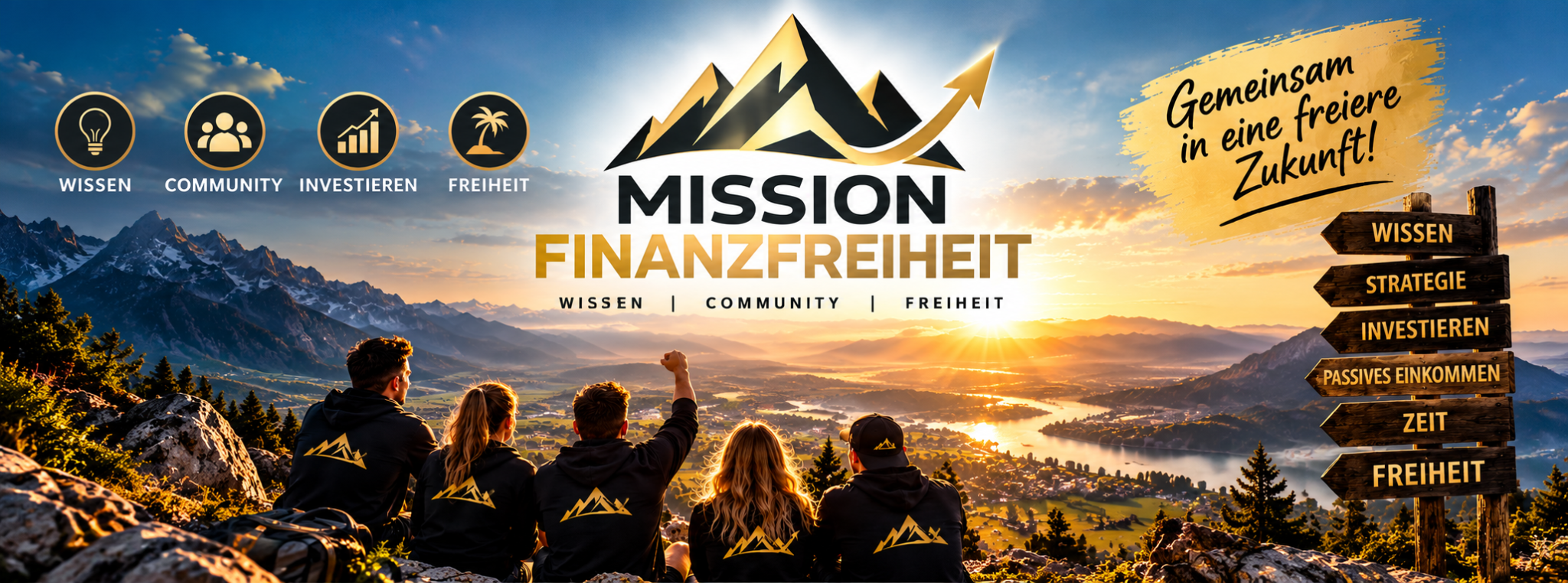 Mission Finanzfreiheit – Gemeinsam in eine freiere Zukunft. Wissen, Community, Investieren und Freiheit vor einer Berglandschaft im Sonnenaufgang.